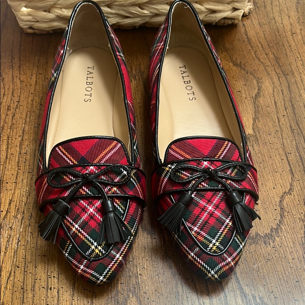 Talbots Red and Black Plaid Flats with Bow Detail